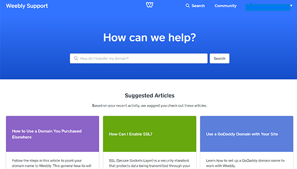 Screenshot of Weebly Support Page