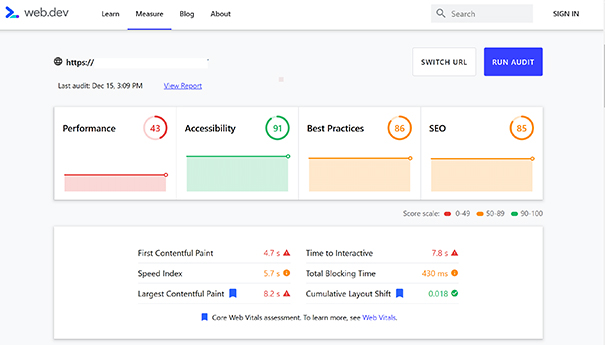 Screenshot of web.dev score page for Weebly