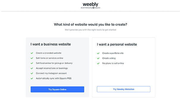 Screenshot of Weebly Business/Personal website creation