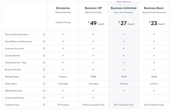 Wix Business Website Pricing Plans.
