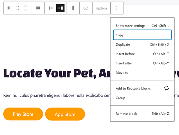 WordPress layout and text alignment options.