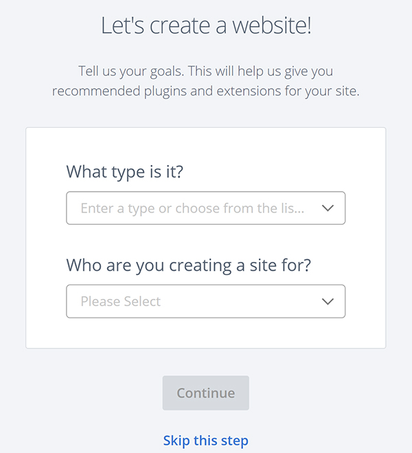 WordPress site builder goal setting options.