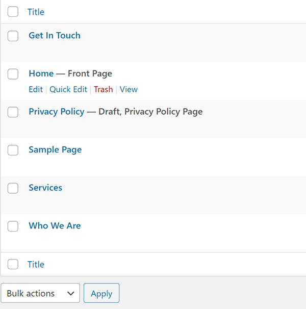 WordPress website list of pages editor.