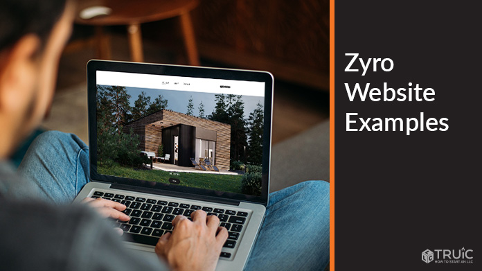 Person working on computer with Zyro example website on screen.