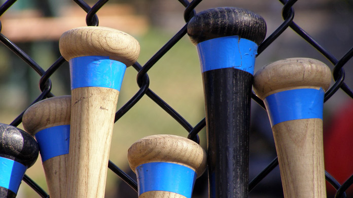A row of baseball bats lean against a chain fence
