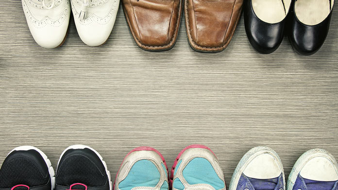 Two rows of shoes face each other