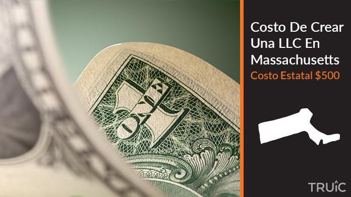 Imagen de un dolar (USD) y el estado de Massachusetts. Costo de crear una LLC en Massachusetts