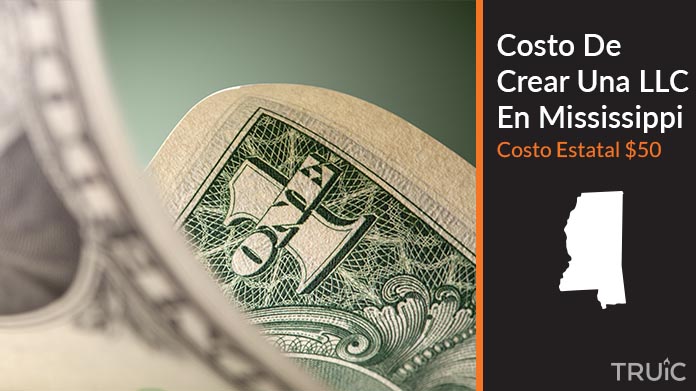 Imagen de un dolar (USD) y el estado de Mississippi. Costo de crear una LLC en Mississippi