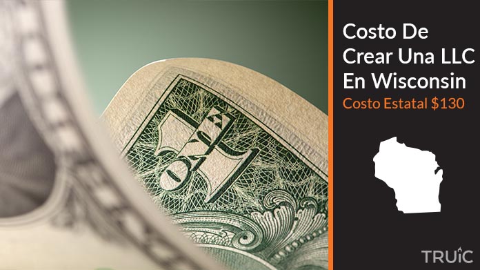 Imagen de un dolar (USD) y el estado de Wisconsin. Costo de crear una LLC en Wisconsin