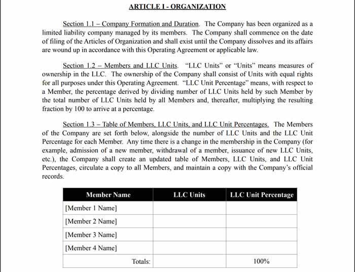 Article 1 of a multi-member LLC operating agreement.