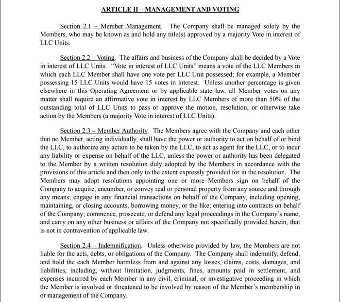 Article 2 of a multi-member LLC operating agreement.
