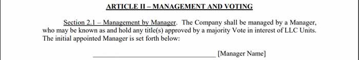 Manager section of a manager-managed LLC operating agreement.