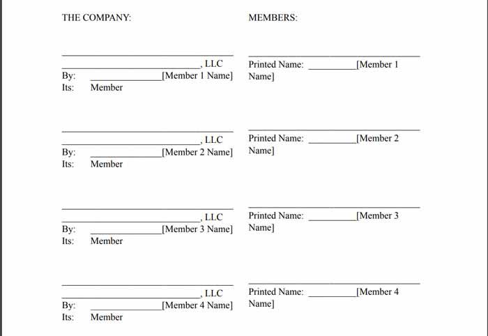 Execution section of a multi-member LLC operating agreement.