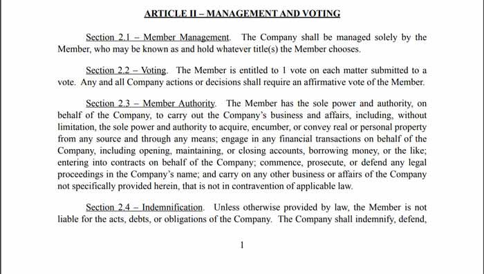 Article 2 of a single-member LLC operating agreement.