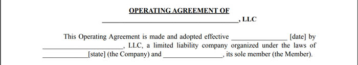 Introduction section of a single-member LLC operating agreement.