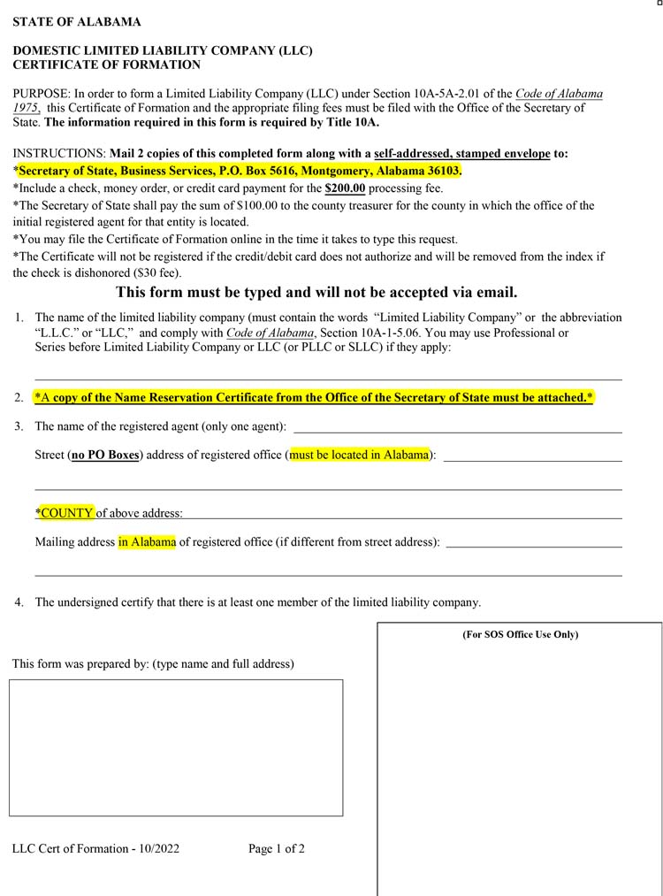 An image of the manual LLC filing form for the state of Alabama