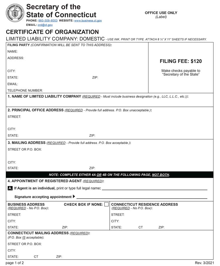 An image of the manual LLC filing form for the state of Connecticut