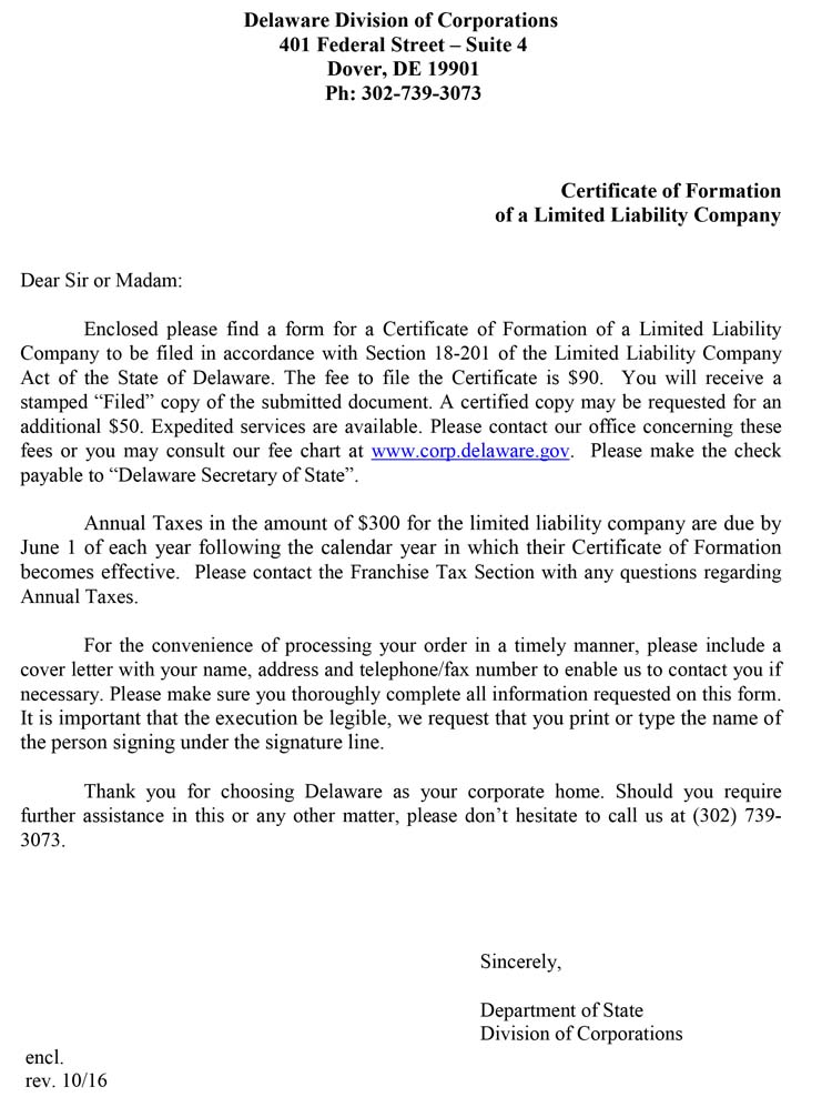 An image of the manual LLC filing form for the state of Delaware