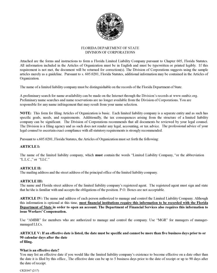 An image of the manual LLC filing form for the state of Florida