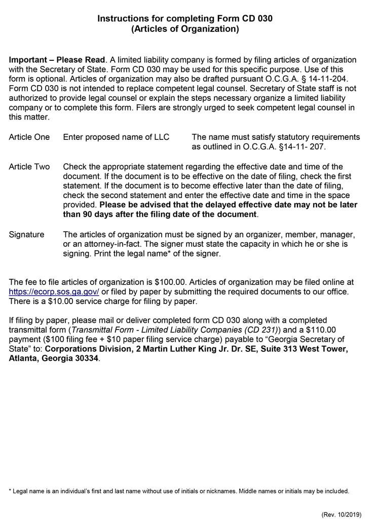 An image of the manual LLC filing form for the state of Georgia