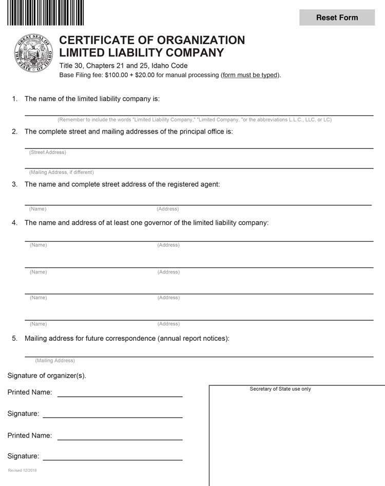 An image of the manual LLC filing form for the state of Idaho