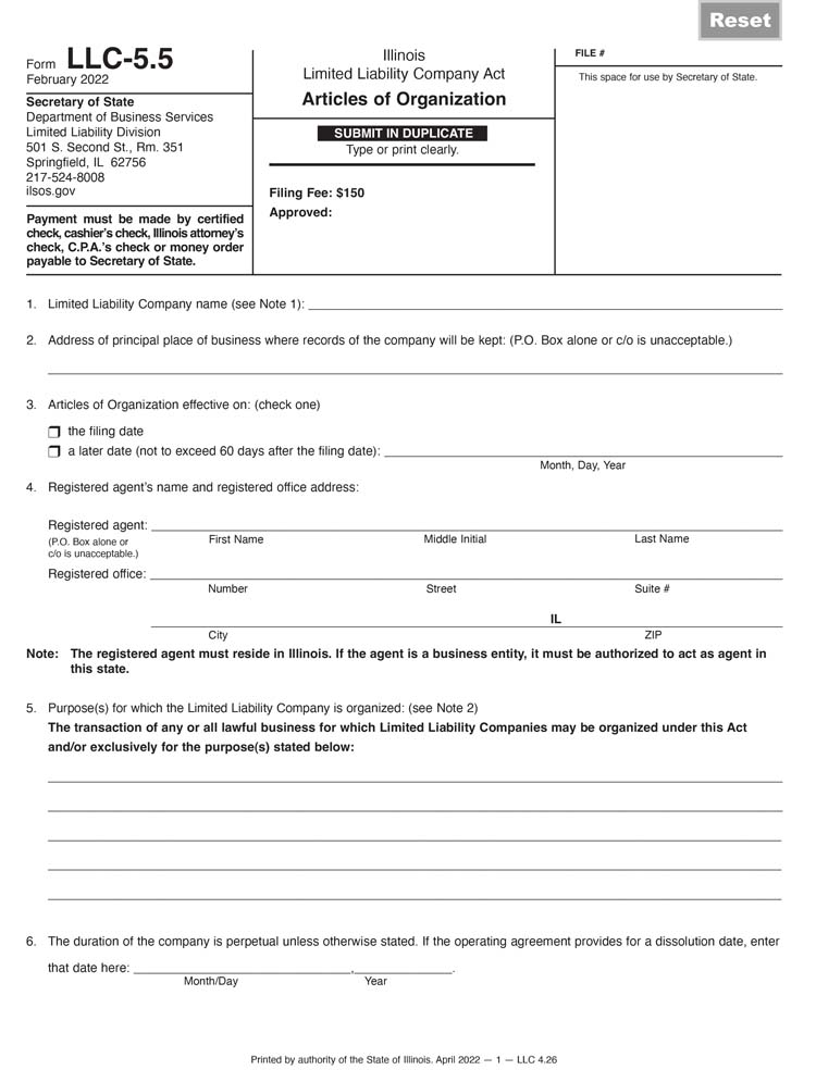 An image of the manual LLC filing form for the state of Illinois