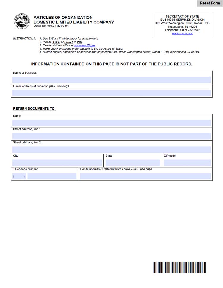 An image of the manual LLC filing form for the state of Indiana