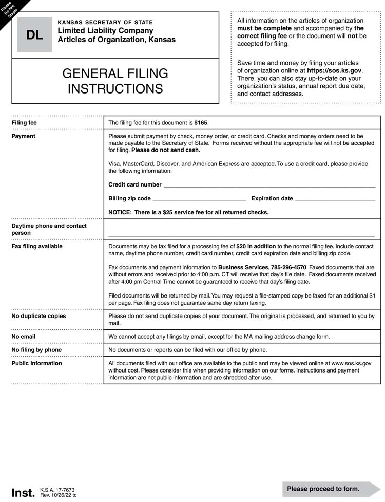 An image of the manual LLC filing form for the state of Kansas