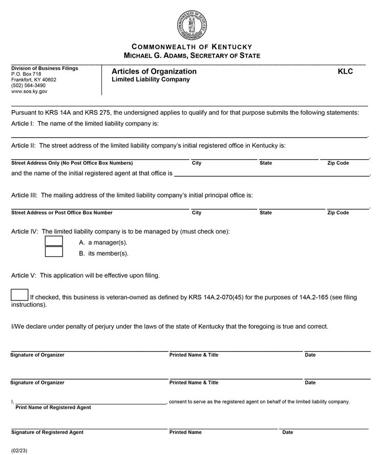 An image of the manual LLC filing form for the state of Kentucky