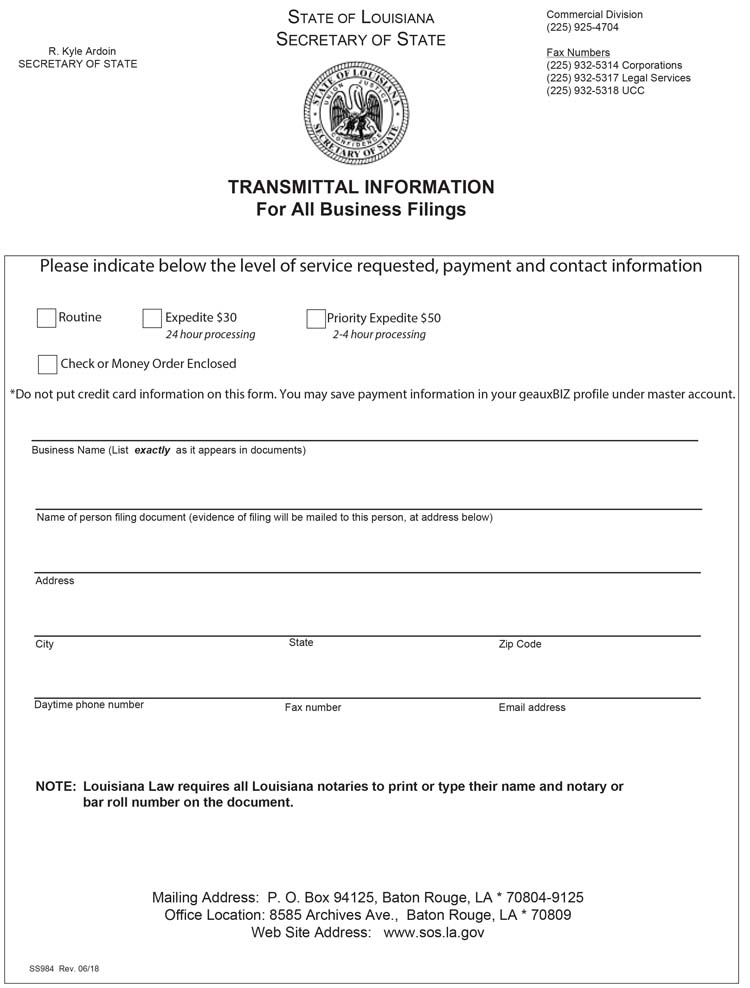 An image of the manual LLC filing form for the state of Louisiana