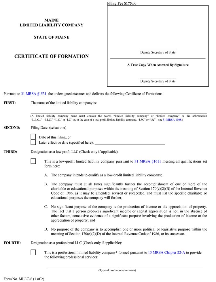 An image of the manual LLC filing form for the state of Maine