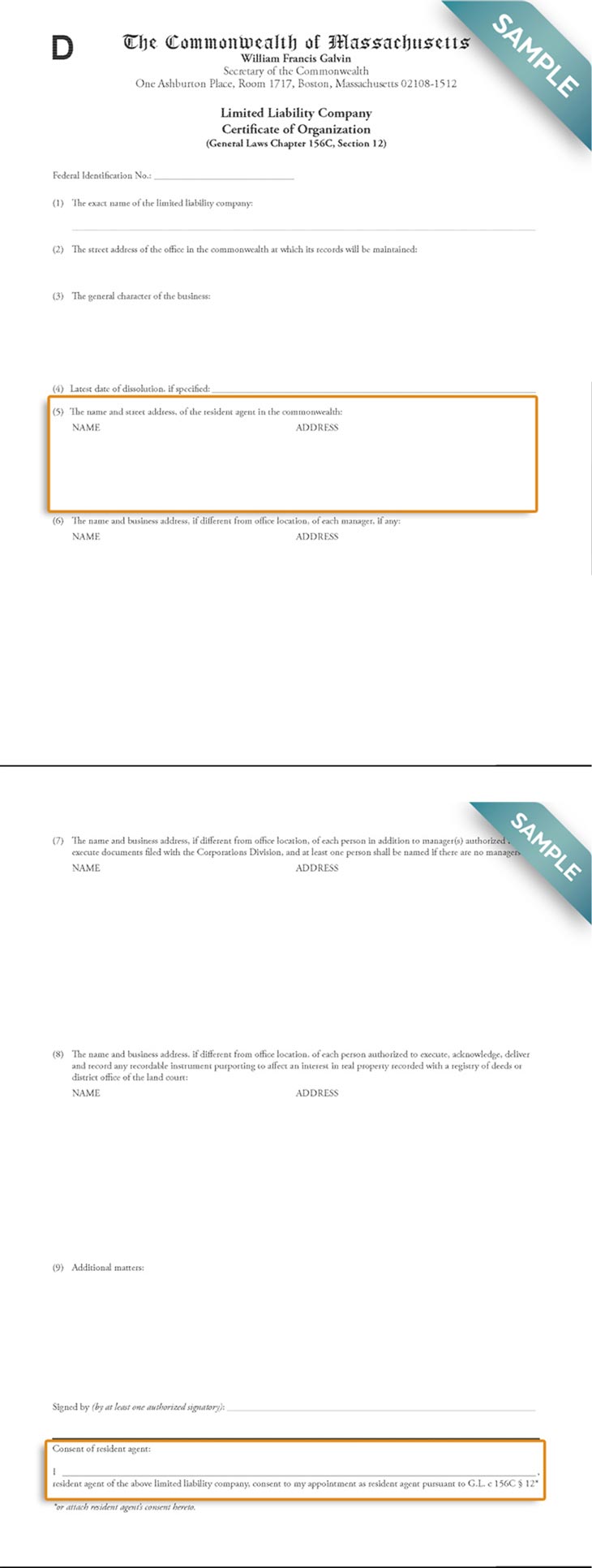 An image of the manual LLC filing form for the state of Massachusetts