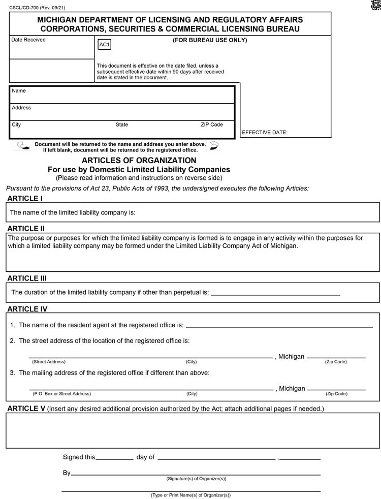 An image of the manual LLC filing form for the state of Michigan