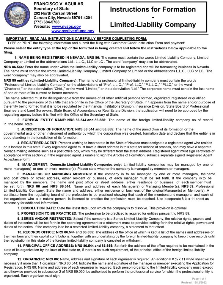 An image of the manual LLC filing form for the state of Nevada