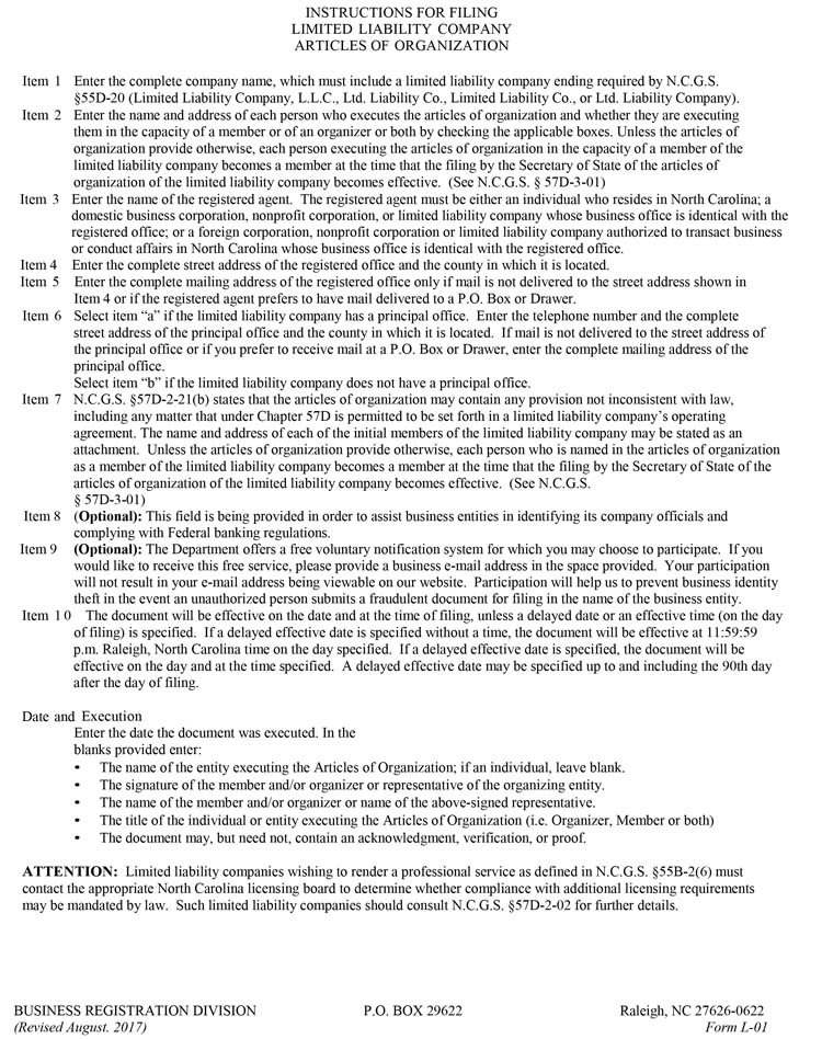 An image of the manual LLC filing form for the state of North Carolina