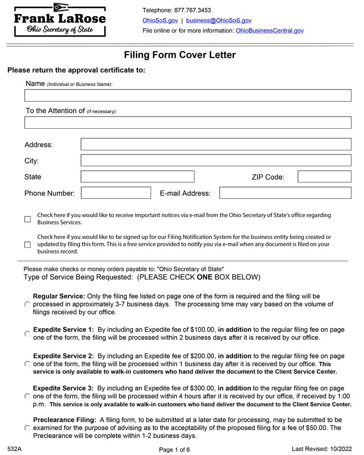 An image of the manual LLC filing form for the state of Ohio