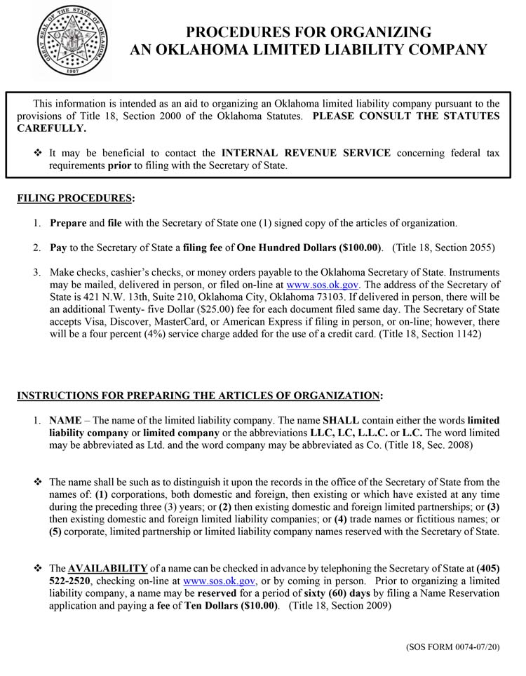 An image of the manual LLC filing form for the state of Oklahoma