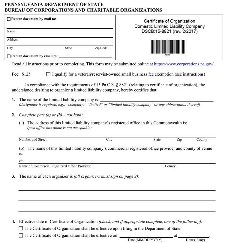 An image of the manual LLC filing form for the state of Pennsylvania