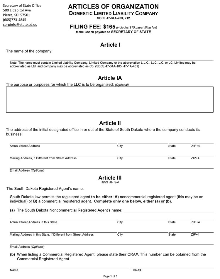 An image of the manual LLC filing form for the state of South Dakota