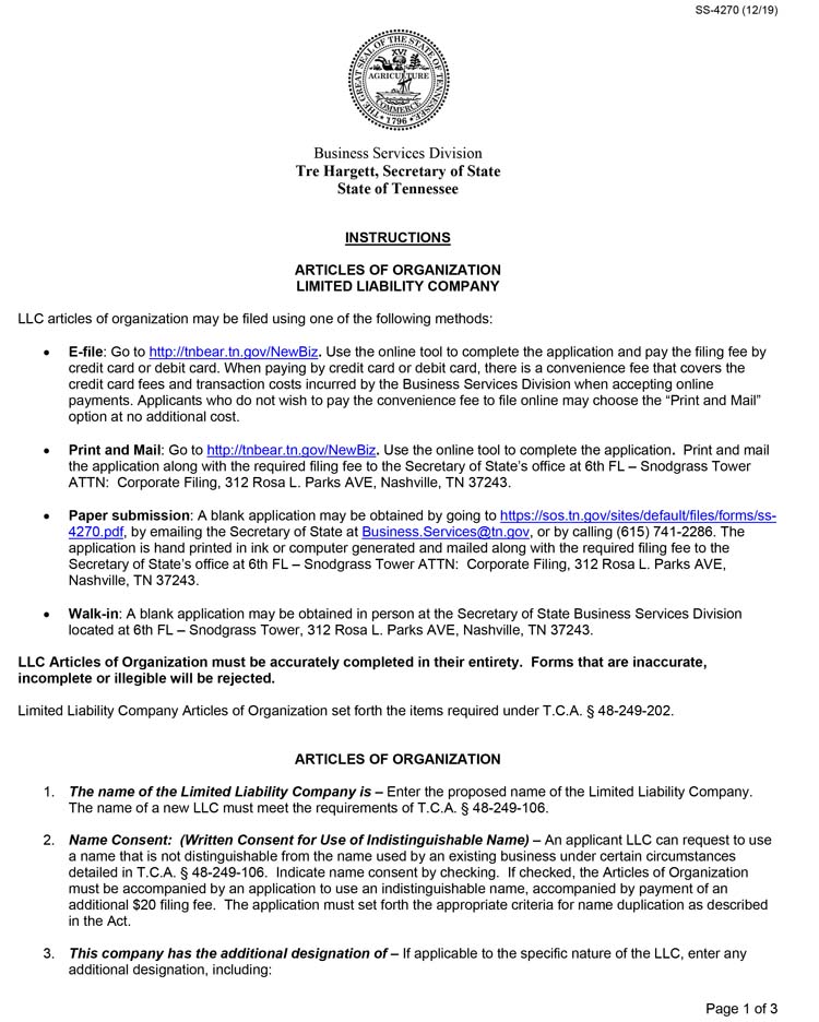 An image of the manual LLC filing form for the state of Tennessee