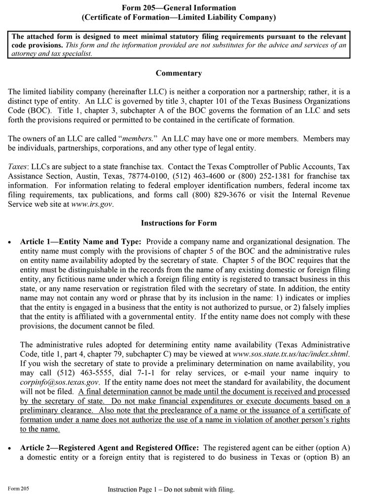An image of the manual LLC filing form for the state of Texas