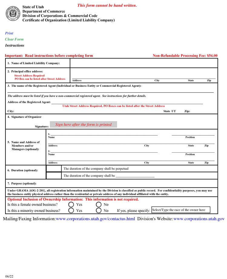 An image of the manual LLC filing form for the state of Utah