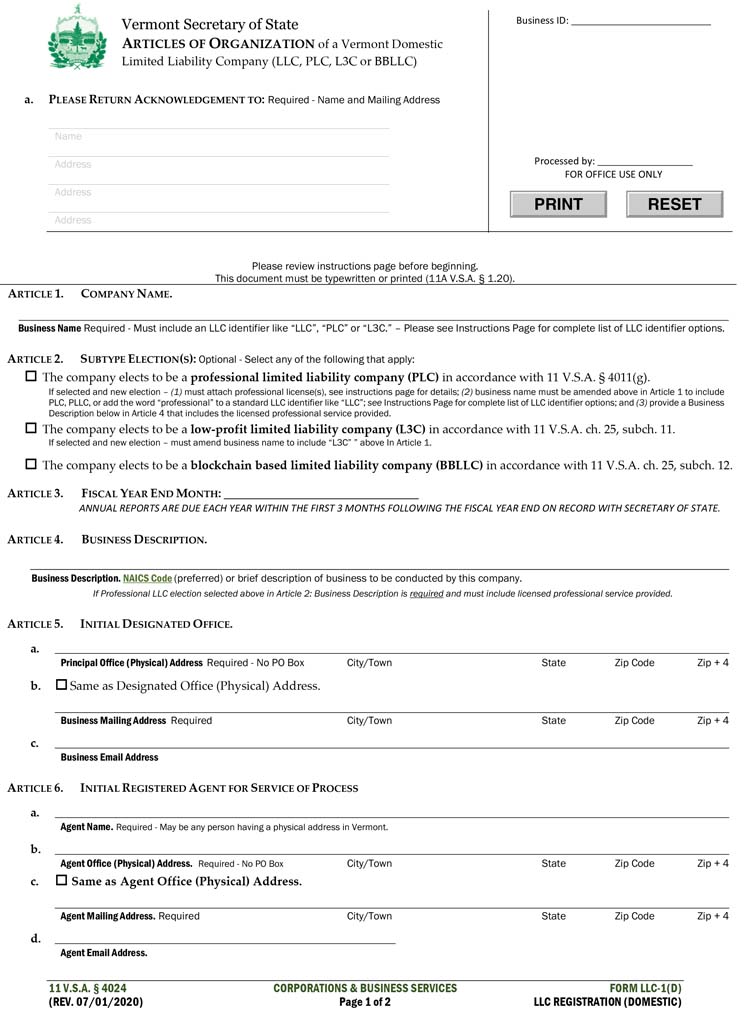 An image of the manual LLC filing form for the state of Vermont