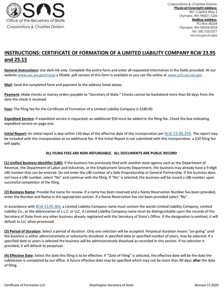An image of the manual LLC filing form for the state of Washington