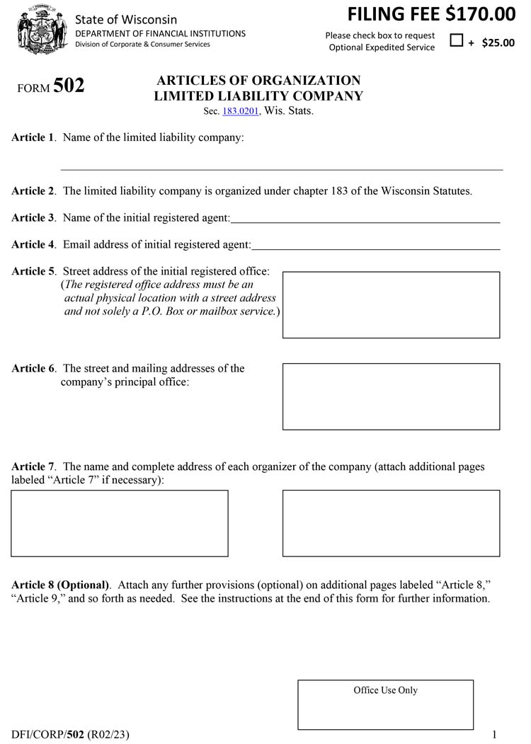 An image of the manual LLC filing form for the state of Wisconsin