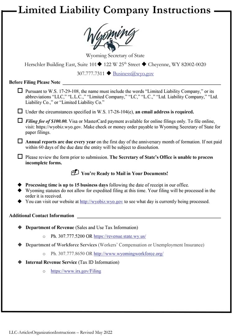 An image of the manual LLC filing form for the state of Wyoming