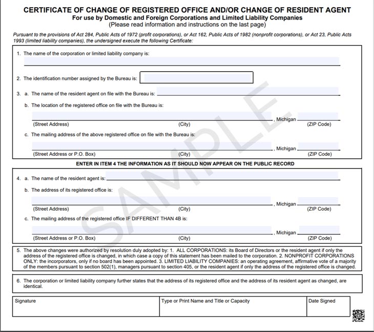 Sample image of the Michigan Certificate of Change of Registered Agent Form