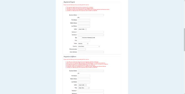 An image of the online LLC filing form for the state of Arkansas
