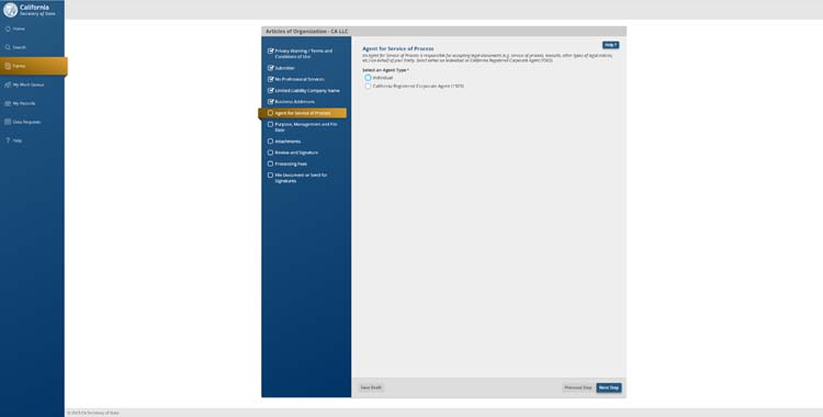 An image of the online LLC filing form for the state of California