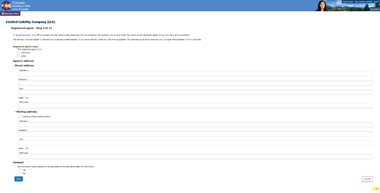 An image of the online LLC filing form for the state of Colorado